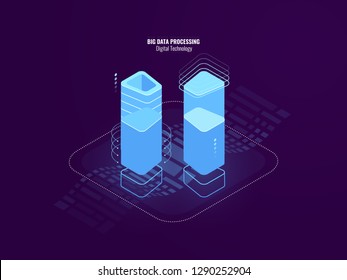 Awesome digital technology abstract concept, server room farm, blockchain security tech, database and data center, infographic of big data processing, blue neon banner flat vector illustration