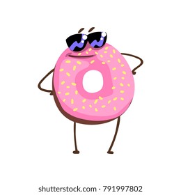 Awesome donut character in sunglasses standing with arms akimbo. Cartoon doughnut with pink vanilla glaze and sprinkles. Flat vector for sticker, greeting card, print