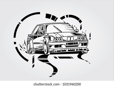 Awesome Drift Racing Illustration. Unique Style. Line Art. 