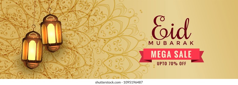 awesome eid sale banner header with hanging lanterns