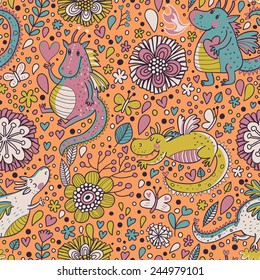Awesome fantastic background with flowers and cartoon dragons. Seamless pattern can be used for wallpapers, pattern fills, web page backgrounds,surface textures.