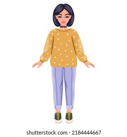 Awesome female character in trendy autumn outfits. Black haired young woman in jeans and sweater. Paper doll character. 