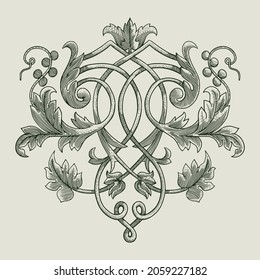 Awesome floral ornamental with engraving style for wine label or packaging design