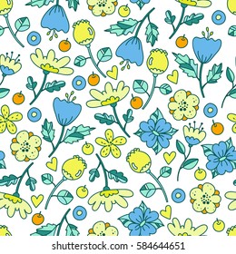 Awesome floral pattern with bright flowers, plants, branches and berries.