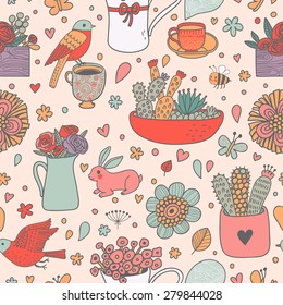 Awesome floral seamless pattern made of different house plants with birds, rabbit and bee in pink colors. Lovely flowers in pots. Sweet natural background in vector