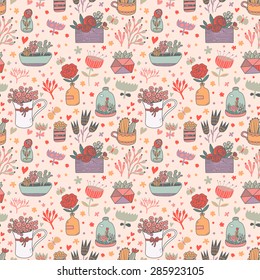 Awesome floral seamless pattern made of different house plants in pink colors. Lovely flowers in pots. Sweet natural background in vector