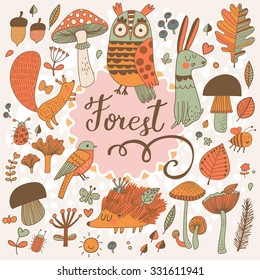 Awesome forest set with lovely wild animals : rabbit, deer, hedgehog, squirrel, owl and birds. Stylish natural card with birds and animals in trees, mushrooms, leafs and insects in bright colors