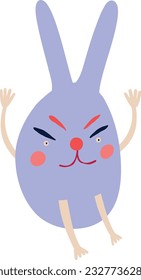Awesome funny blue bunny with a angry face? and with hands and legs Illustration in a modern childish hand-drawn style