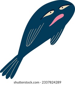 Awesome funny blue fish with a face, Illustration in a modern childish hand-drawn style