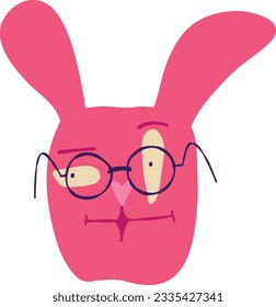 Awesome funny pink bunny with glasses with a sarcastic face. Illustration in a modern childish hand-drawn style
