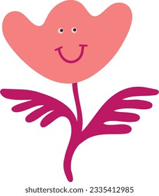 Awesome funny pink flower with a cute face, Illustration in a modern childish hand-drawn style