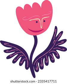 Awesome funny pink flower with a face, Illustration in a modern childish hand-drawn style