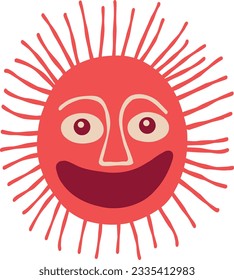 Awesome funny red sun with a charming smiling face and big lips. Hand-drawn illustration