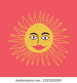 Awesome funny sun with a charming smiling face. Hand-drawn illustration in retro style