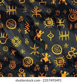 Awesome golden native south american indigenous petroglyphs with water color effect