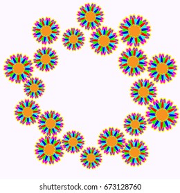 Awesome greeting card with abstract flowers. Items arranged radially on pale pink background. Template for writing or for placing photos.