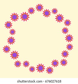 Awesome greeting card with abstract flowers. Items arranged radially on light yellow background. Template for writing or for placing photos.