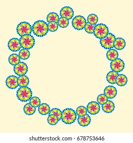 Awesome greeting card with abstract flowers. Items arranged radially on light yellow background. Template for writing or for placing photos.