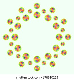 Awesome greeting card with abstract flowers. Items arranged radially on light, azure background. Template for writing or for placing photos.