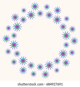 Awesome greeting card with abstract flowers. Items arranged radially on pale pink background. Template for writing or for placing photos.