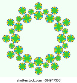 Awesome greeting card with abstract flowers. Items arranged radially on light green background. Template for writing or for placing photos.