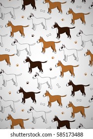 Awesome greeting card with cute cartoon dogs. Breed bullterier. Good for wallpaper, pattern fills, greeting cards, webpage backgrounds, wrapping paper and textile or fabric. Vector illustration.