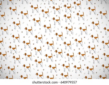 Awesome greeting card with cute cartoon dog. Breed beagle. Can be used for wallpaper, pattern fills, greeting cards, webpage backgrounds, wrapping paper and textile or fabric. Vector illustration.