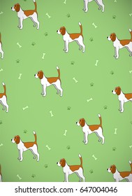 Awesome greeting card with cute cartoon dog. Breed beagle. Can be used for wallpaper, pattern fills, greeting cards, webpage backgrounds, wrapping paper and textile or fabric. Vector illustration.