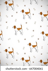 Awesome greeting card with cute cartoon dog. Breed beagle. It can be used for wallpaper, pattern fills, greeting cards, webpage backgrounds, wrapping paper and textile or fabric. Vector illustration.