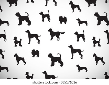 Awesome greeting card with silhouettes of cartoon dogs. Different breeds. Vector illustration. 