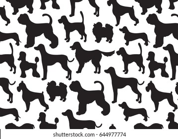 Awesome greeting card with silhouettes of cartoon dogs. Different breeds. Vector illustration. 