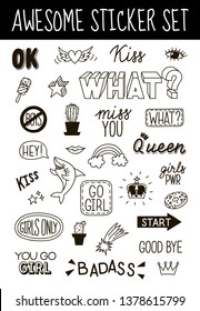 Awesome hand drawn doode style sticker set with different cute elements. Lettering phrases, crowns, cacti, stars, rainbow, donut, ice cream, heart, eye, lips and shark. Girly stickers. Vector eps10.