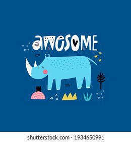 Awesome hand drawn lettering word with doodle decorations and cute rhino character. Cartoon african rhinoceros drawing. Wild safari animal with horn vector illustration. Childish t shirt print design