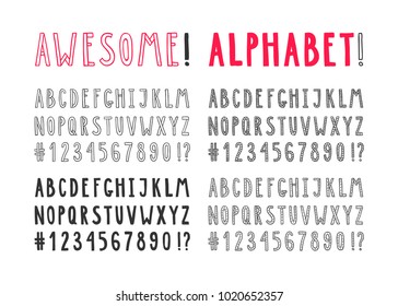 Awesome Hand drawn transparent vector ABC upper case letters set with numbers. Doodle comic font for your design. Alphabet