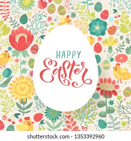 Awesome happy easter card in vector. Funny spring flowers with eggs. Stylish holiday background in popular style