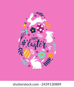 Awesome happy easter card in vector. Funny rabbits and spring flowers with hearts. Stylish holiday background in popular style.Vector illustration.