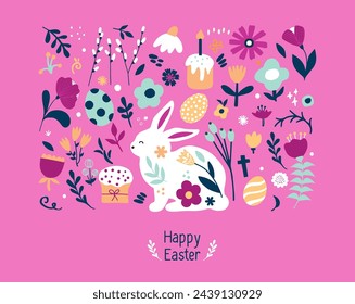 Awesome happy easter card in vector. Funny rabbits and spring flowers with hearts. Stylish holiday background in popular style.Vector illustration.