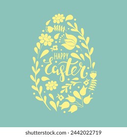 Awesome happy easter card in vector. Funny rabbits and spring flowers with hearts. Stylish holiday background in popular style.Vector illustration.