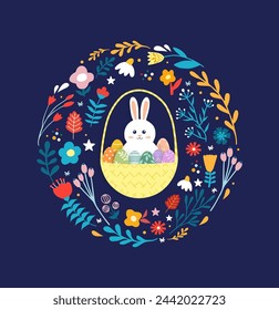 Awesome happy easter card in vector. Funny rabbits and spring flowers with hearts. Stylish holiday background in popular style.Vector illustration.