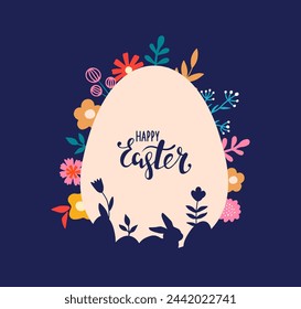 Awesome happy easter card in vector. Funny rabbits and spring flowers with hearts. Stylish holiday background in popular style.Vector illustration.