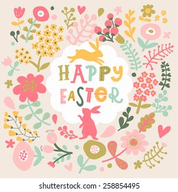 Awesome happy easter card in vector. Funny rabbits and spring flowers with hearts. Stylish holiday background in popular style