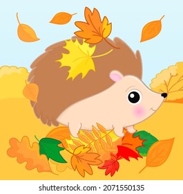 Awesome hedgehog with leaves on his back. Cartoon style. Vector autumn illustration with urchin character.