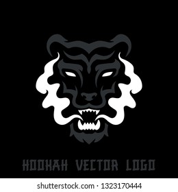 Awesome hookah logo - tiger blows smoke. Isolated vector illustration on black background.