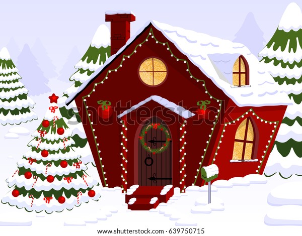 Awesome House Cartoon Christmas Tree Decorationsvector Stock