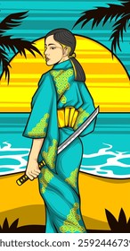 awesome illustration of a beautiful girl holding katana