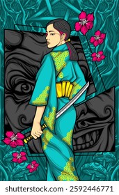 awesome illustration of a beautiful girl holding katana