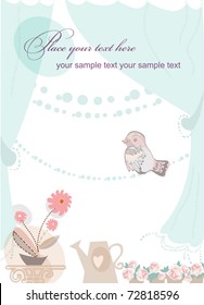 Awesome illustration for greeting card for all season. Singing bird, blooming flower in vase