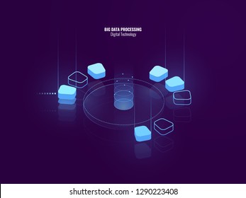 Awesome Isometric Banner Of Digital Technology, Isometric Abstract Icon Of Big Data Processing, Conceptual Cloud Storage, Data Warehouse Of Future, Blockchain, Lighting Neon, Vector Illustration