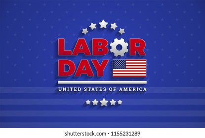 Awesome Labor Day text logo on blue background professional vector illustration with USA flag, Labor Day United States Of America lettering design