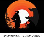 awesome landscape.vector art creation.Flat cartoon vector illustration With samurai characters.